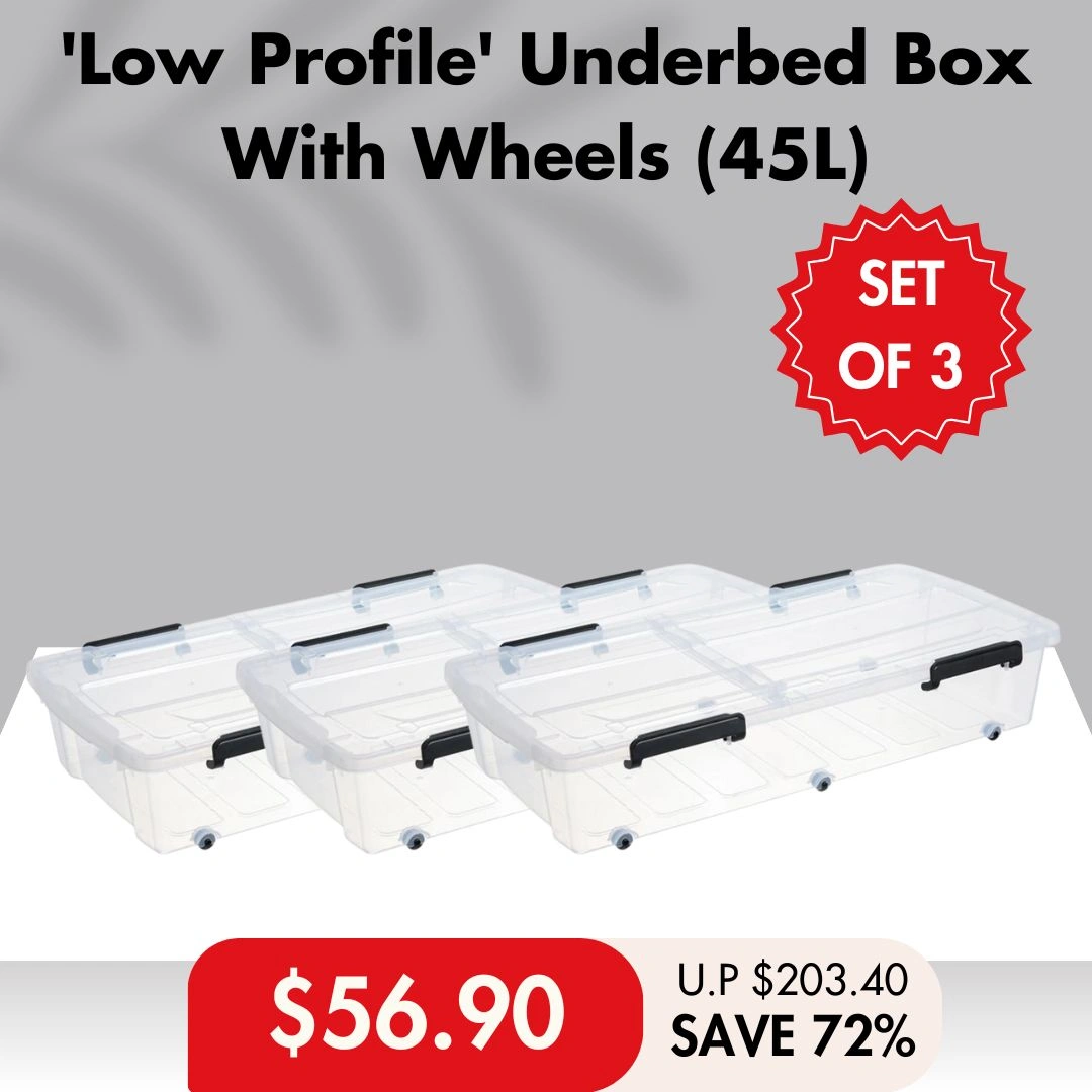 [SET OF 3] 'Low Profile' Underbed Storage Box With Wheels 35L / 45L (Clear) -  Plastic | Container